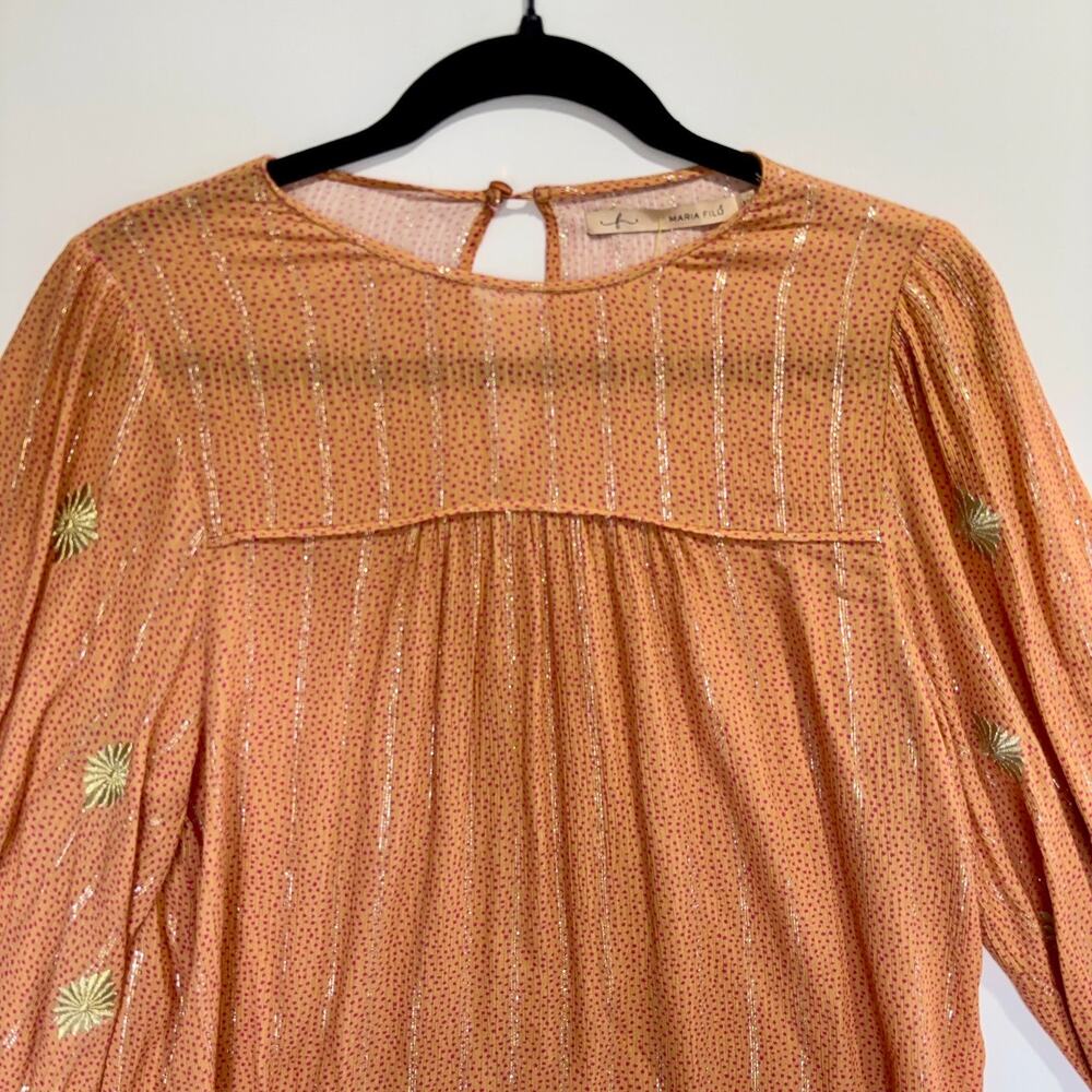 Maria Filo Brazil Peasant Blouse Metallic Thread Sheer Boho Gold Orange Womens M - Picture 3 of 9